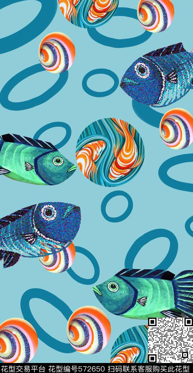 鱼儿乐图系列 - 572650 - 家纺 卡通时尚 童装 - 数码印花花型 － 女装花型设计 － 瓦栏