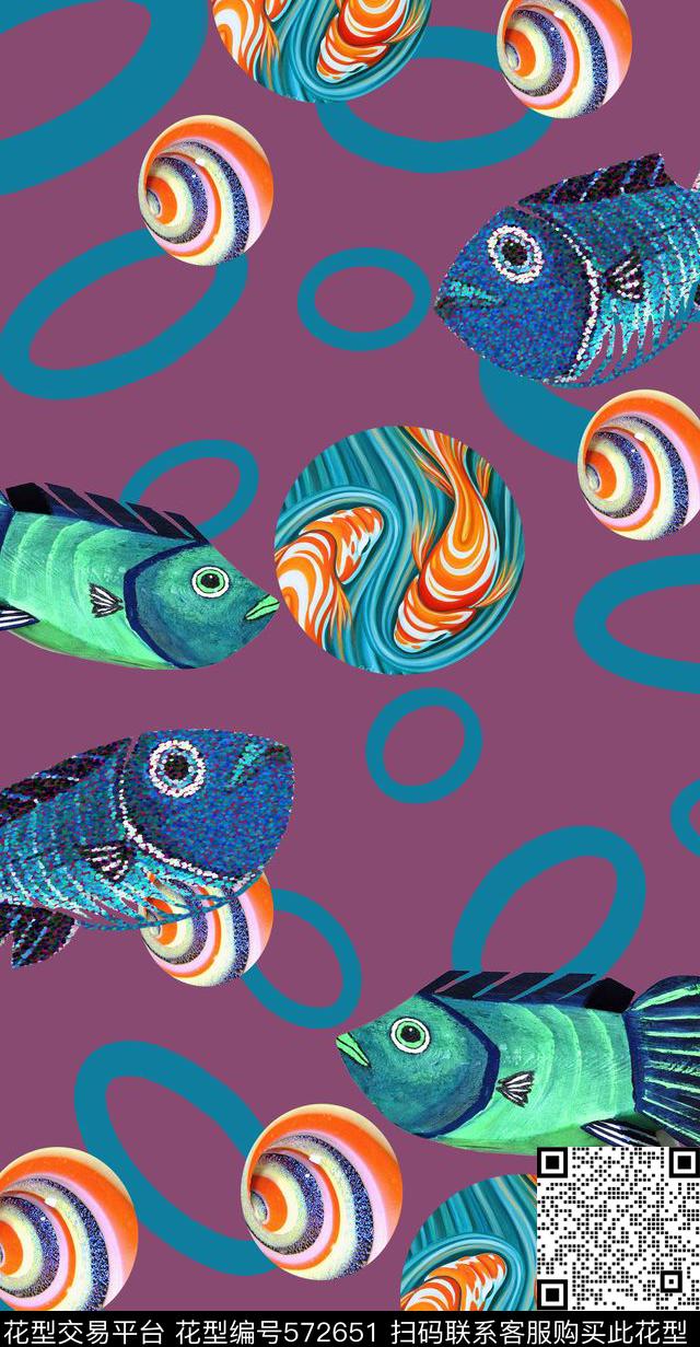 鱼儿乐图系列 - 572651 - 家纺 卡通时尚 童装 - 数码印花花型 － 女装花型设计 － 瓦栏
