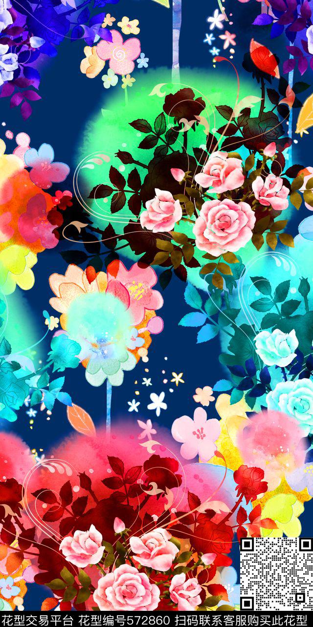 	时尚公主风手绘叶子水彩花卉 - 572860 - 时尚 公主风 水彩花卉 - 数码印花花型 － 女装花型设计 － 瓦栏