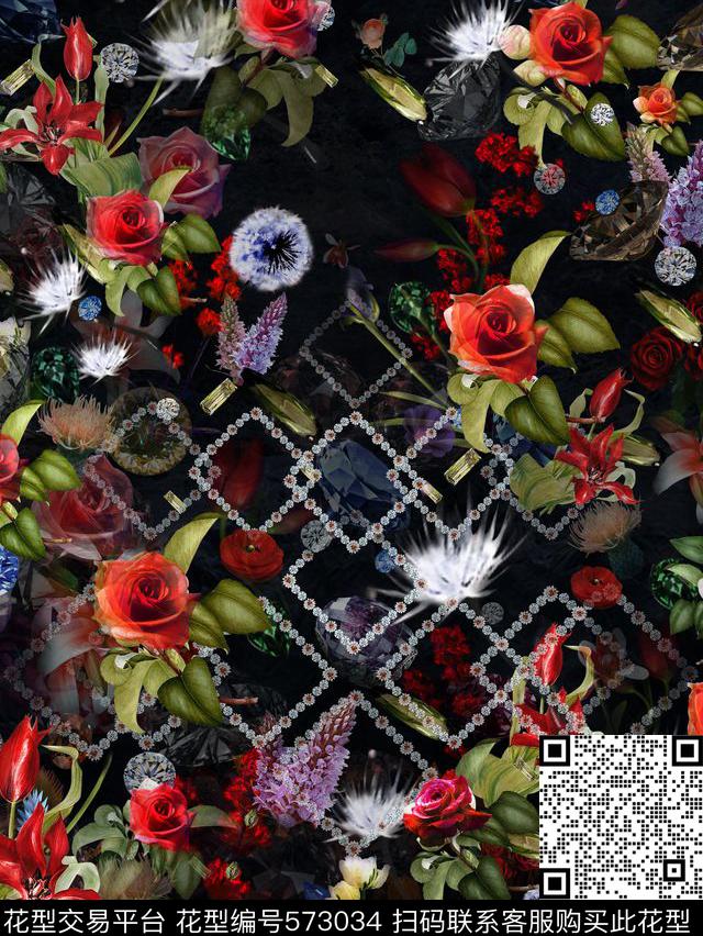 KEW- 珠宝花卉 - 573034 - 定位花型 复古 黑色 - 数码印花花型 － 女装花型设计 － 瓦栏