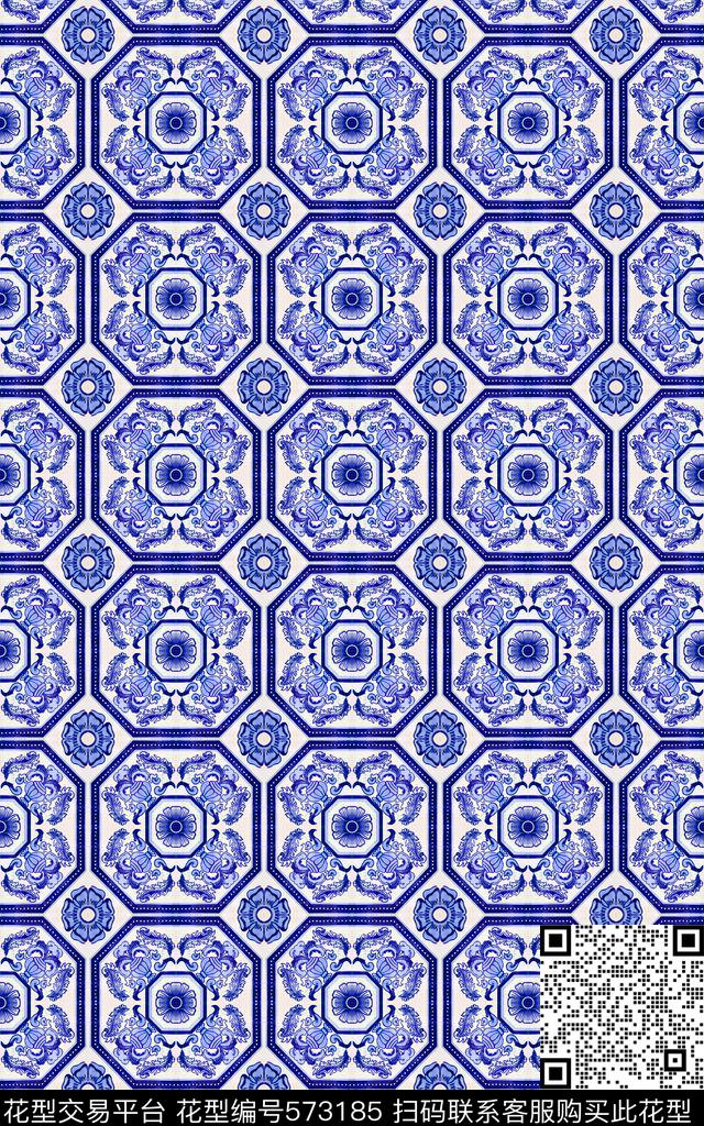 青花瓷靛蓝色中国风花型 - 573185 - 最新时尚流行 青花瓷 中国风 - 传统印花花型 － 女装花型设计 － 瓦栏