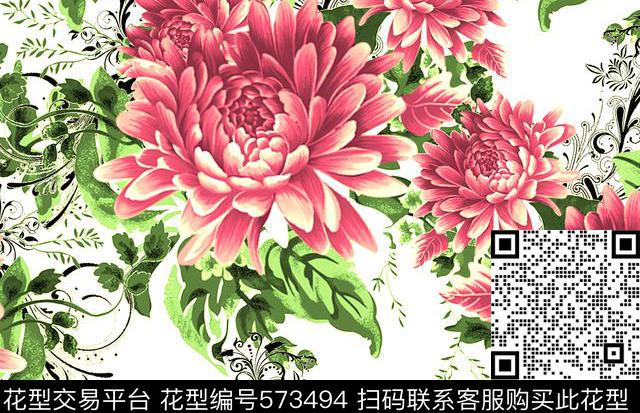 富贵牡丹花 传统中国花卉  - 573494 - 富贵 花卉花朵 牡丹花 - 传统印花花型 － 女装花型设计 － 瓦栏