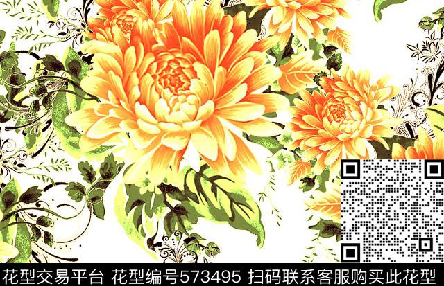 富贵牡丹花 传统中国花卉  - 573495 - 花卉花朵 牡丹花 富贵 - 数码印花花型 － 女装花型设计 － 瓦栏