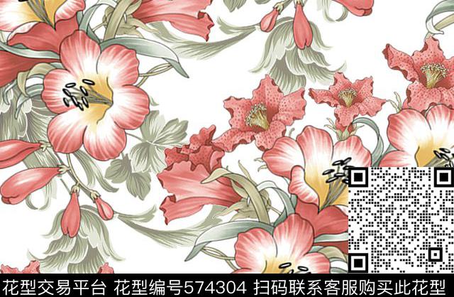 植物花卉喇叭花 - 574304 - 花卉 喇叭花 植物 - 传统印花花型 － 女装花型设计 － 瓦栏