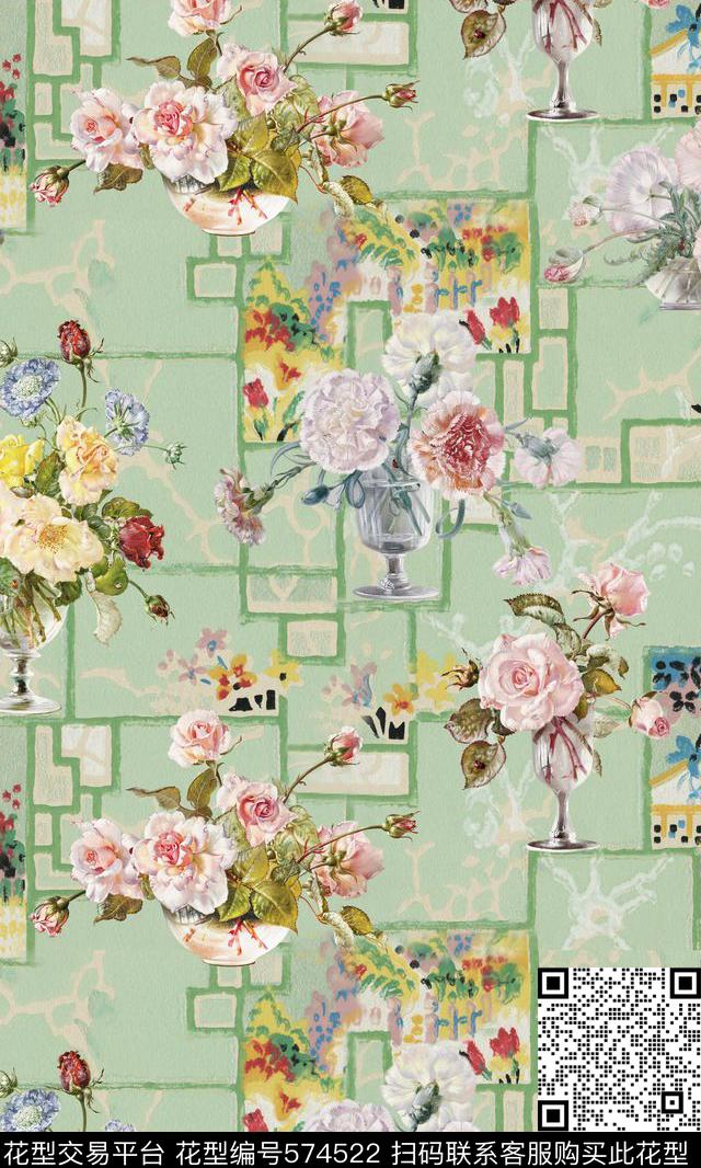 KEW- 花墙 - 574522 - 格子 花卉 花瓶 - 数码印花花型 － 女装花型设计 － 瓦栏