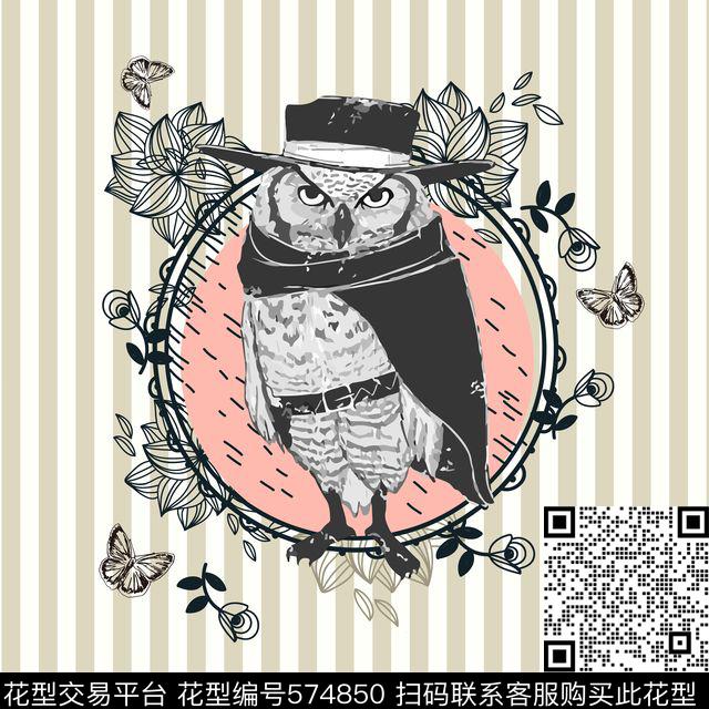 卡通特色老鹰花卉 - 574850 - 欧美 卡通图案 猫头鹰 - 传统印花花型 － 女装花型设计 － 瓦栏