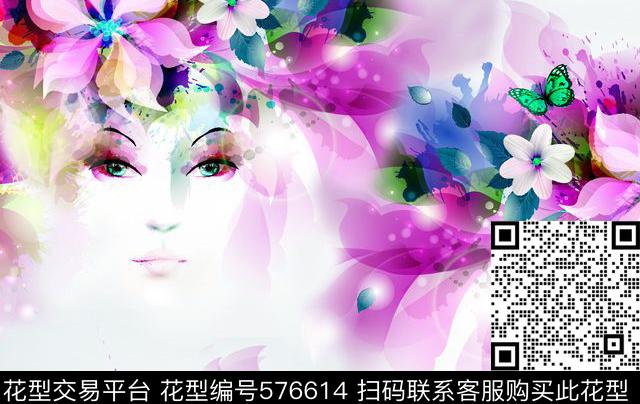 虚化美女美人 蝴蝶花瓣 - 576614 - 虚化 美女 美人 - 数码印花花型 － 女装花型设计 － 瓦栏