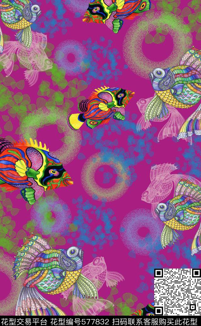 鱼趣图系列 - 577832 - 热带鱼儿 五彩斑斓 色彩斑斓 - 数码印花花型 － 女装花型设计 － 瓦栏