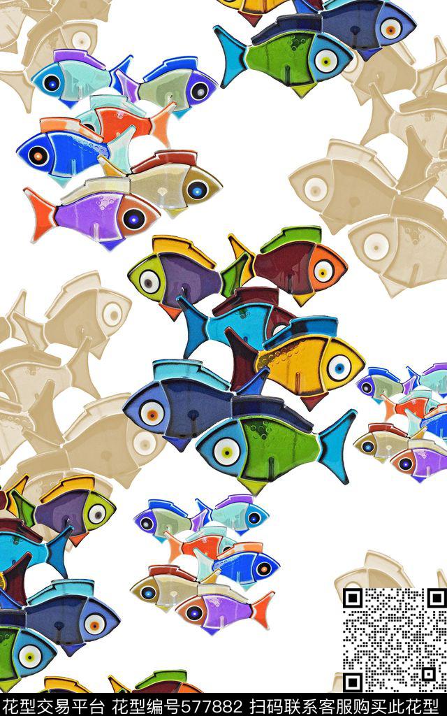 160125 - 577882 - 色彩斑斓 鱼儿自在飘 多色 - 数码印花花型 － 女装花型设计 － 瓦栏