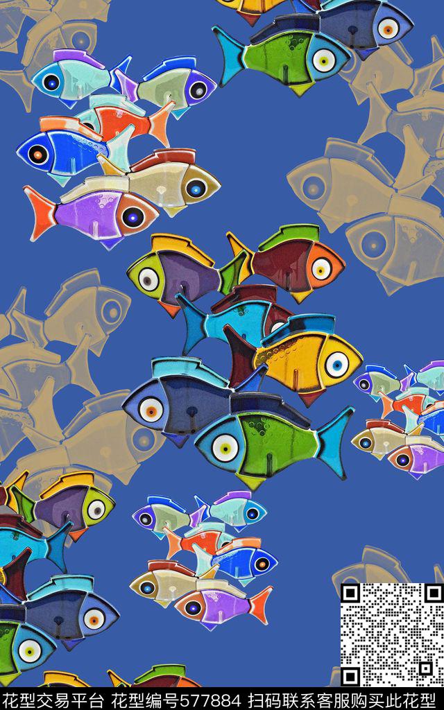 鱼乐图系列 - 577884 - 色彩斑斓 鱼儿自在飘 多色 - 数码印花花型 － 女装花型设计 － 瓦栏