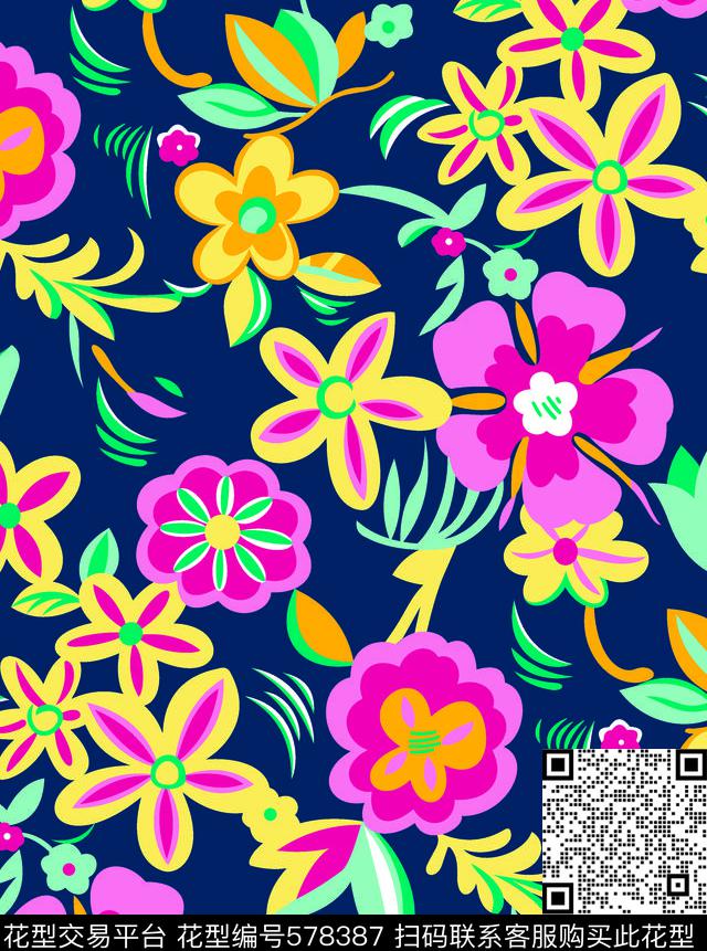 流行时尚花卉 - 578387 - 流行时尚 花卉 数码印花 - 传统印花花型 － 女装花型设计 － 瓦栏