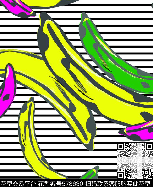 时尚小条纹卡通水果香蕉 - 578630 - 卡通 时尚 香蕉 - 传统印花花型 － 女装花型设计 － 瓦栏