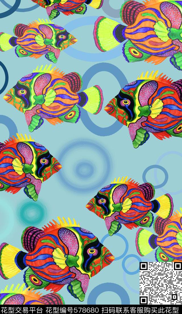鱼乐图系列 - 578680 - 鱼儿自在飘 时尚靓丽 热带鱼儿 - 数码印花花型 － 女装花型设计 － 瓦栏