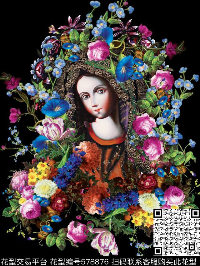 最新时尚欧式花卉名画圣母玛利亚 - 578876 - 最新时尚流行 欧式宫廷 花卉 - 数码印花花型 － 女装花型设计 － 瓦栏