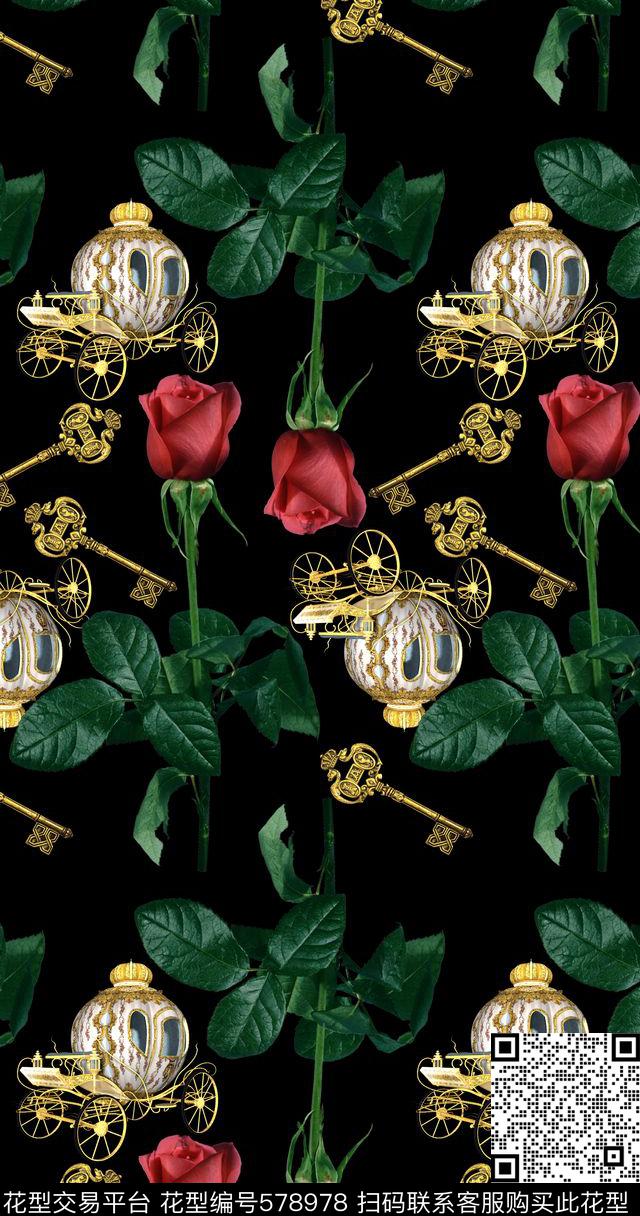 最新时尚花卉玫瑰欧式古典钥匙 - 578978 - 最新时尚流行 花卉 玫瑰 - 数码印花花型 － 女装花型设计 － 瓦栏