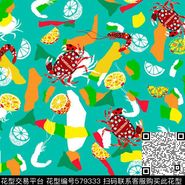 趣味螃蟹水果 - 579333 - 卡通趣味 - 传统印花花型 － 女装花型设计 － 瓦栏