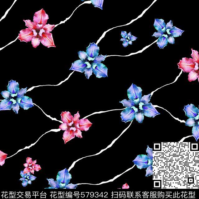 手绘花卉几何线条 - 579342 - 植物花卉 - 传统印花花型 － 女装花型设计 － 瓦栏