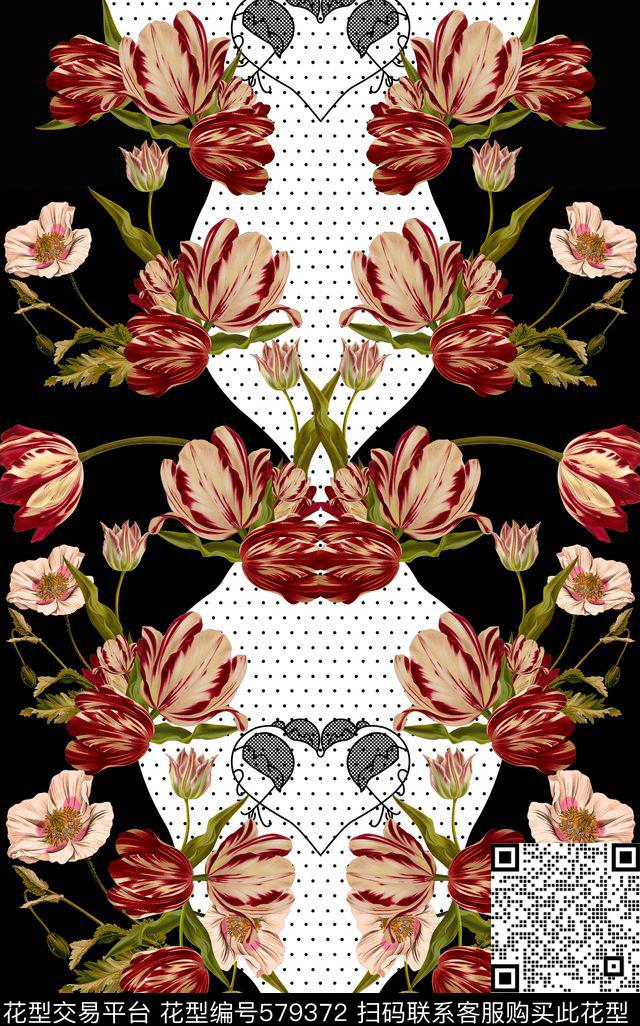 蕾丝风格定位大牌花卉 - 579372 - 几何艺术 植物花卉 - 数码印花花型 － 女装花型设计 － 瓦栏