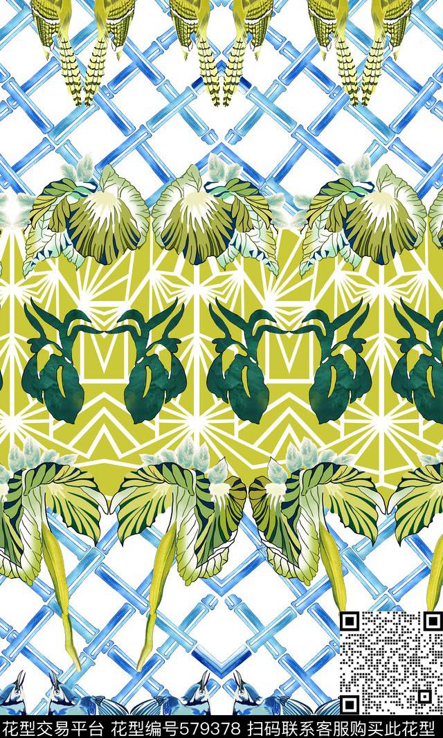 定位格纹热带叶子鸟 - 579378 - 植物花卉 几何艺术 - 传统印花花型 － 女装花型设计 － 瓦栏