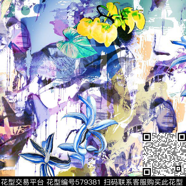 抽象纹理花卉几何 - 579381 - 植物花卉 抽象艺术 - 数码印花花型 － 女装花型设计 － 瓦栏