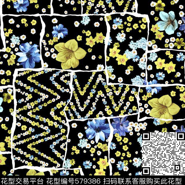 几何花卉拼贴 - 579386 - 几何艺术 植物花卉 - 数码印花花型 － 女装花型设计 － 瓦栏