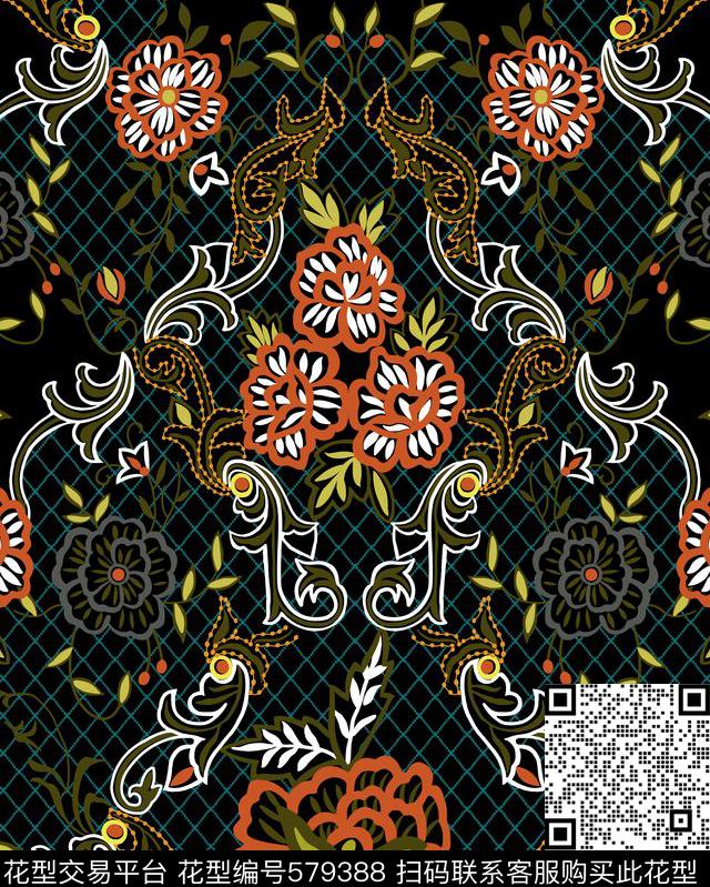 绣花提花刺绣风格花卉 - 579388 - 植物花卉 绣花提花效果 - 传统印花花型 － 其他花型设计 － 瓦栏
