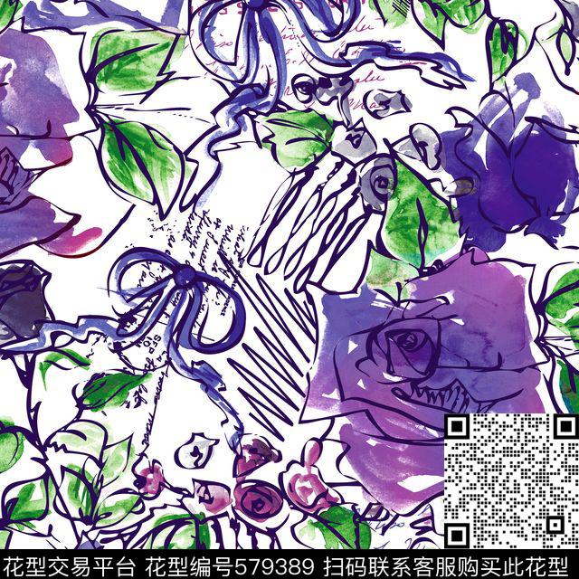 大牌风格手绘水彩花卉 - 579389 - 植物花卉 抽象艺术 - 传统印花花型 － 女装花型设计 － 瓦栏