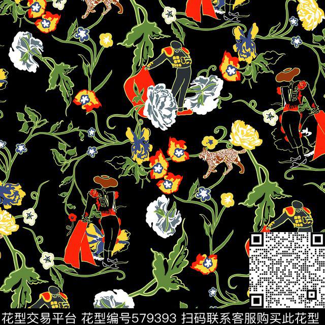 西班牙风情手绘花朵 - 579393 - 植物花卉 抽象艺术 - 传统印花花型 － 女装花型设计 － 瓦栏