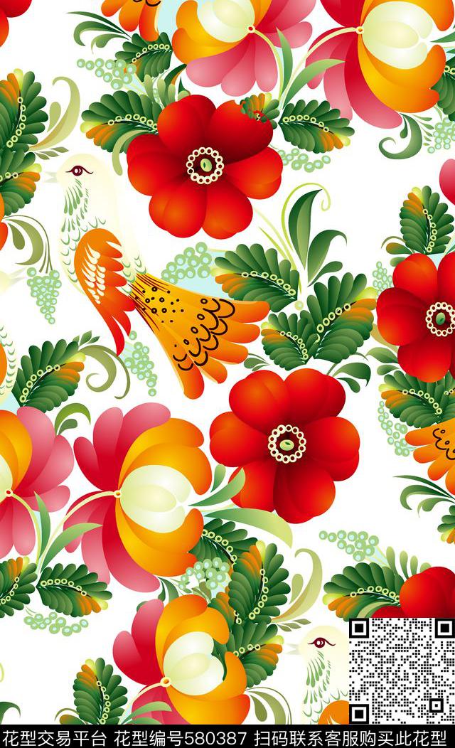 富贵草木花环山鸡 - 580387 - 花卉 花朵 草木 - 数码印花花型 － 女装花型设计 － 瓦栏