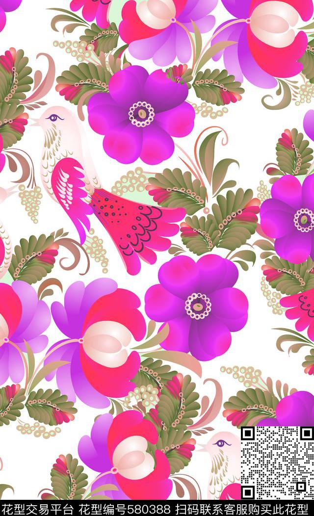 富贵草木花环山鸡 - 580388 - 花卉 花朵 草木 - 数码印花花型 － 女装花型设计 － 瓦栏