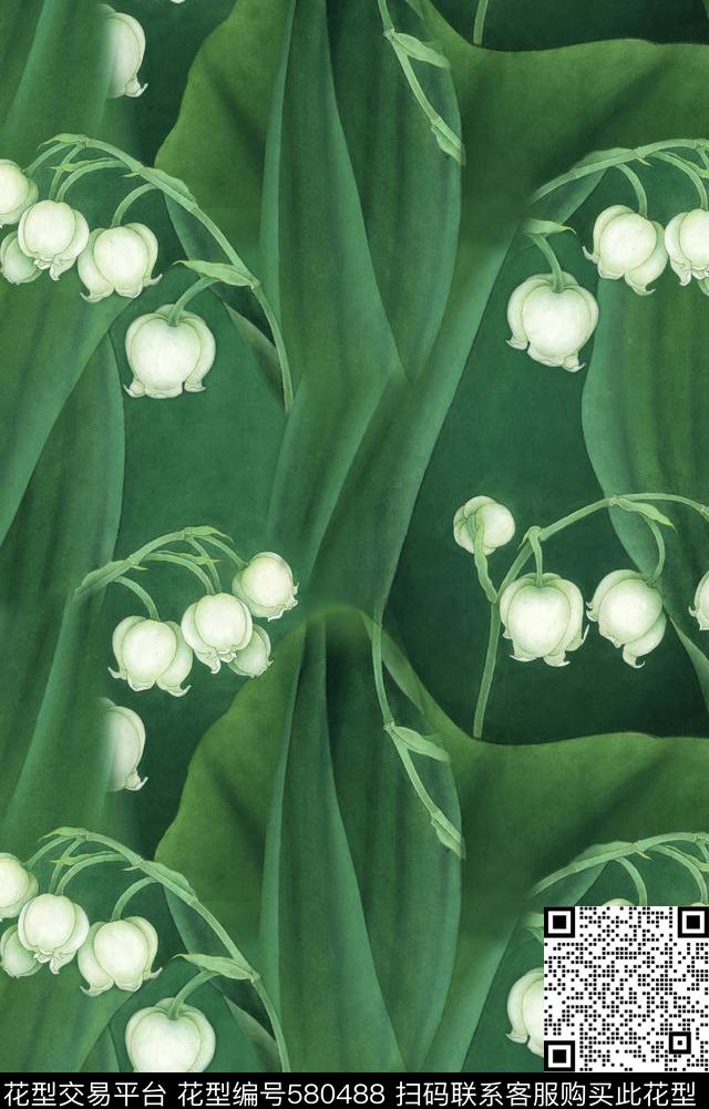 绿韵铃兰 - 580488 - 花卉 绿色 旗袍 - 数码印花花型 － 女装花型设计 － 瓦栏
