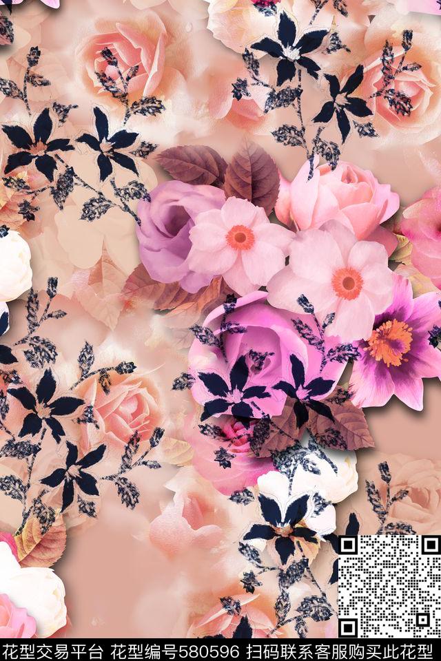 浪漫手绘花卉组合图案 - 580596 - 淑女 花卉 手绘花卉 - 数码印花花型 － 女装花型设计 － 瓦栏