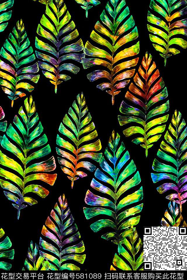 热带风格炫彩棕榈叶 - 581089 - 棕榈叶 热带 炫彩 - 数码印花花型 － 女装花型设计 － 瓦栏