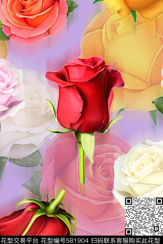 玫瑰 - 581904 - 写实 玫瑰花 肌理 - 数码印花花型 － 女装花型设计 － 瓦栏