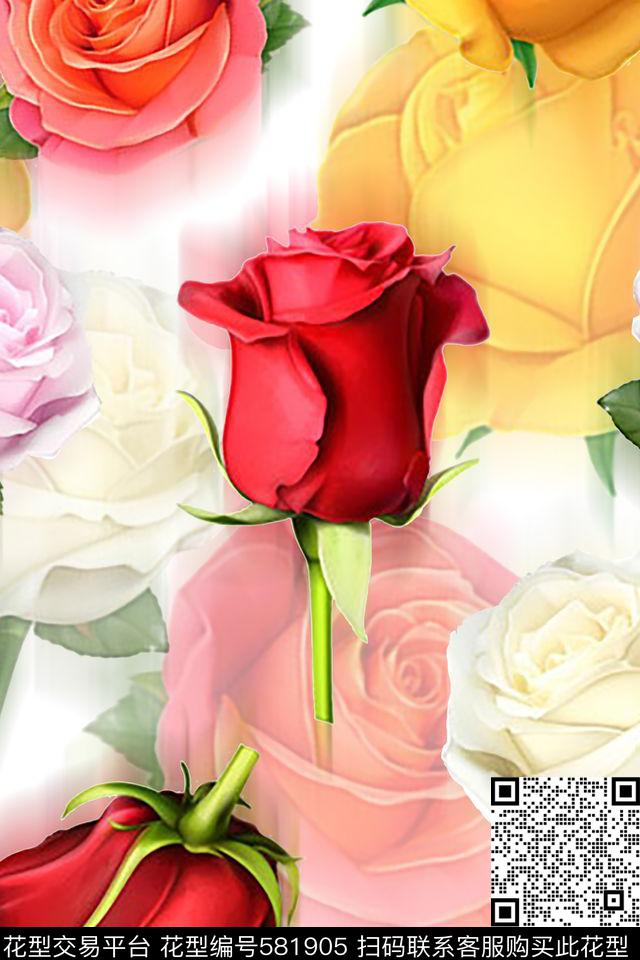 玫瑰 - 581905 - 写实 玫瑰花 肌理 - 数码印花花型 － 女装花型设计 － 瓦栏