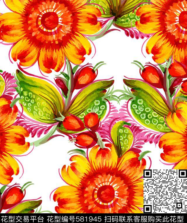 传统花卉向日葵 - 581945 - 花卉 油画花朵 向日葵 - 数码印花花型 － 女装花型设计 － 瓦栏