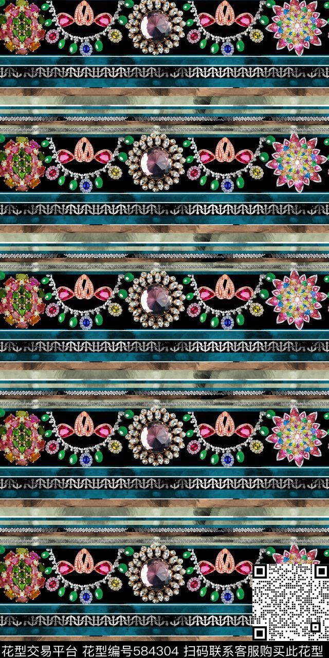 民族风炫彩珠宝复古花 - 584304 - 复古 彩金 民族风 - 数码印花花型 － 女装花型设计 － 瓦栏