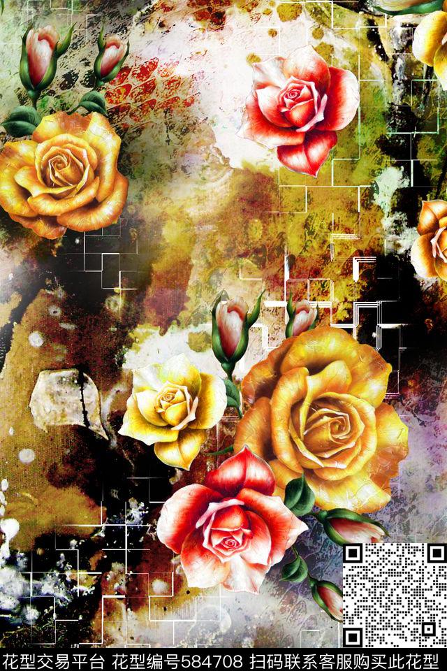 油画笔触拼贴玫瑰 - 584708 - 笔触 玫瑰 拼贴喷墨 - 数码印花花型 － 沙发布花型设计 － 瓦栏