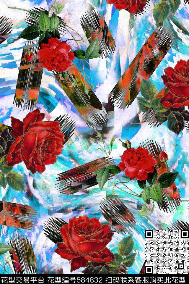 炫彩笔刷玫瑰组合花型 - 584832 - 炫彩 玫瑰 笔刷 - 数码印花花型 － 女装花型设计 － 瓦栏