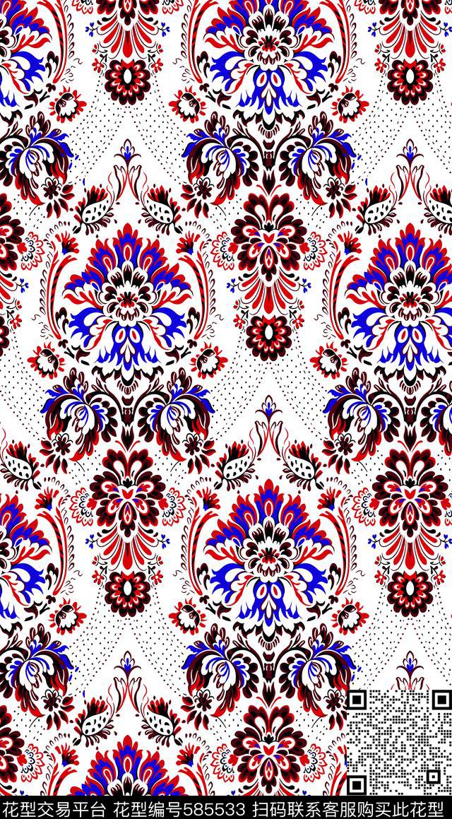 手绘民族风花纹组合 - 585533 - 迪拜 分色 手绘 - 传统印花花型 － 女装花型设计 － 瓦栏
