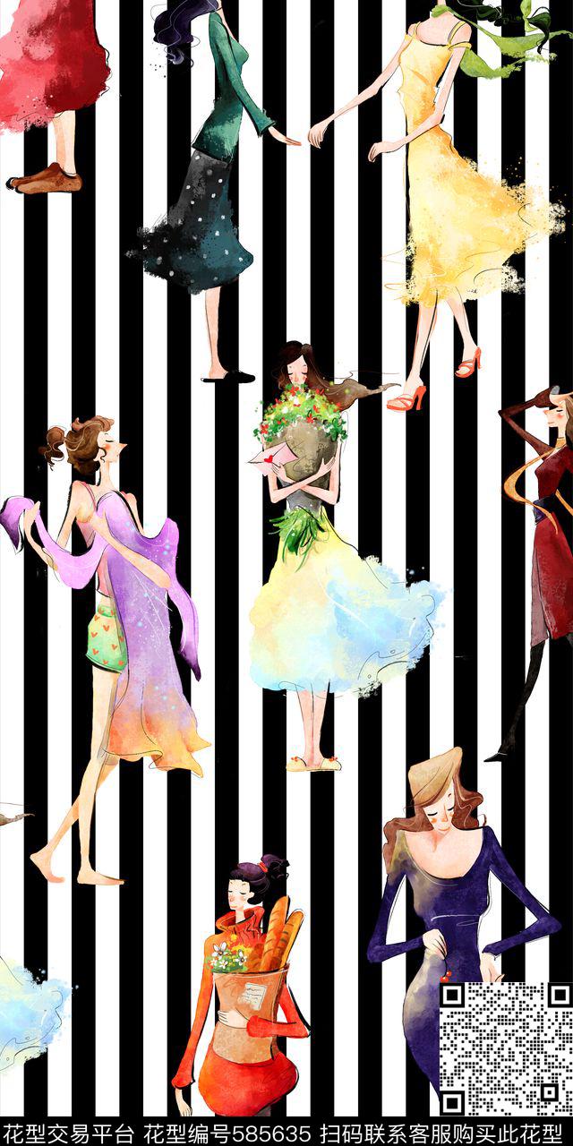时尚流行条纹动漫女孩 - 585635 - 时尚流行 条纹 女装花卉 - 数码印花花型 － 女装花型设计 － 瓦栏