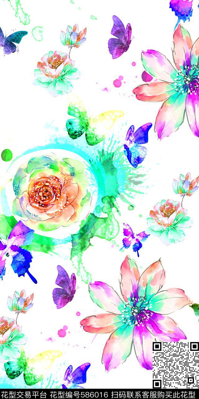 白底水彩花卉满版 - 586016 - 水彩 花卉 白底 - 数码印花花型 － 女装花型设计 － 瓦栏