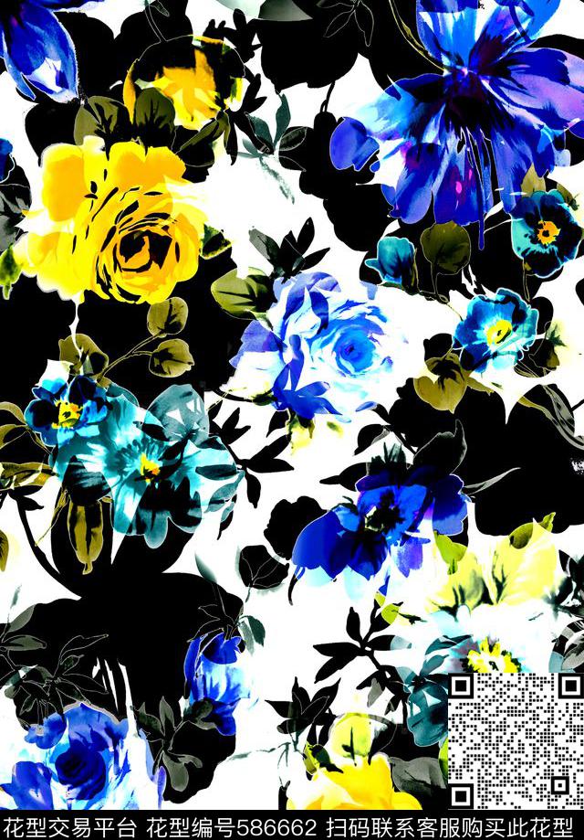 蓝色花朵 - 586662 - 花卉 花朵 大牌风 - 数码印花花型 － 女装花型设计 － 瓦栏