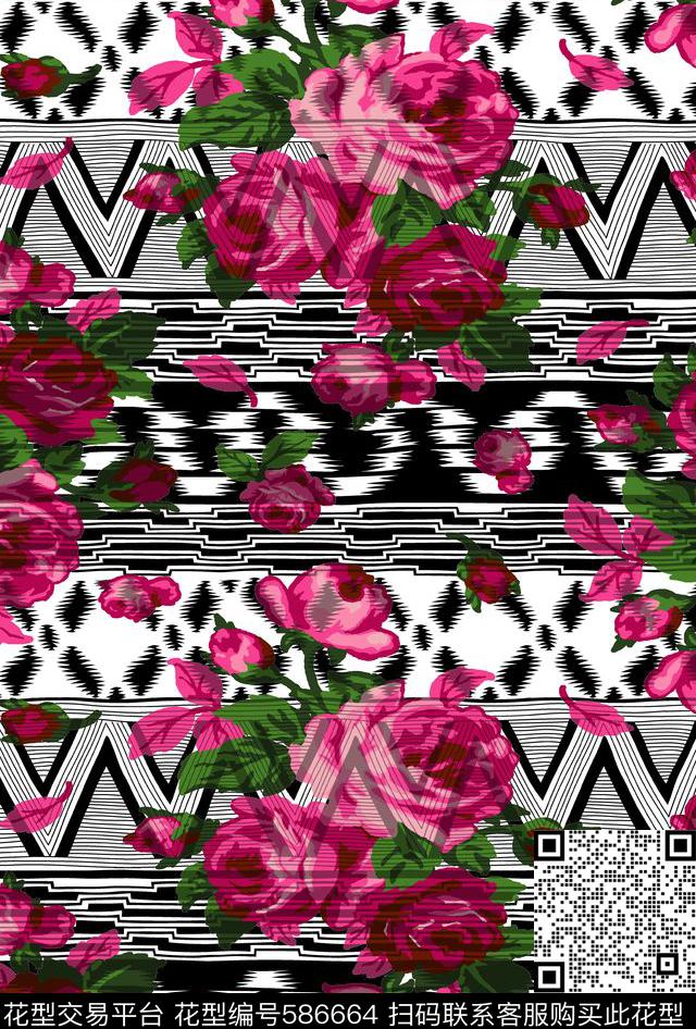 几何花卉 - 586664 - 花朵 几何 线条 - 传统印花花型 － 女装花型设计 － 瓦栏