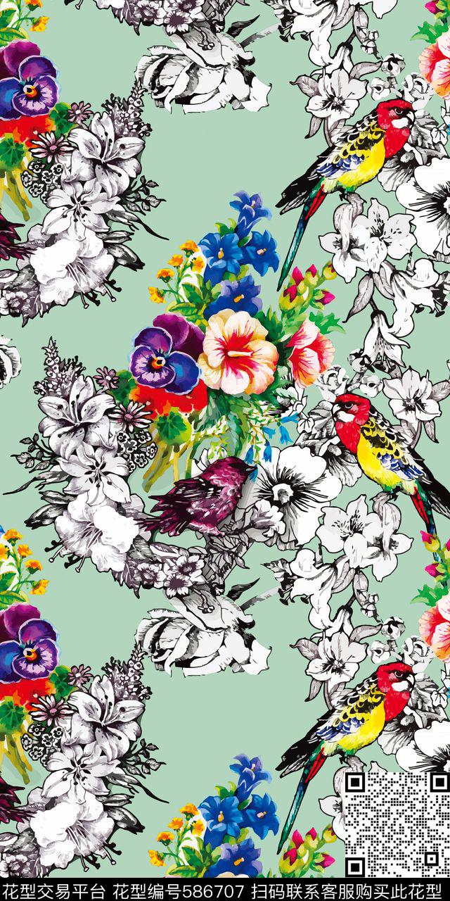 线条花朵与鸟 - 586707 - 花朵 鸟 动物 - 数码印花花型 － 女装花型设计 － 瓦栏
