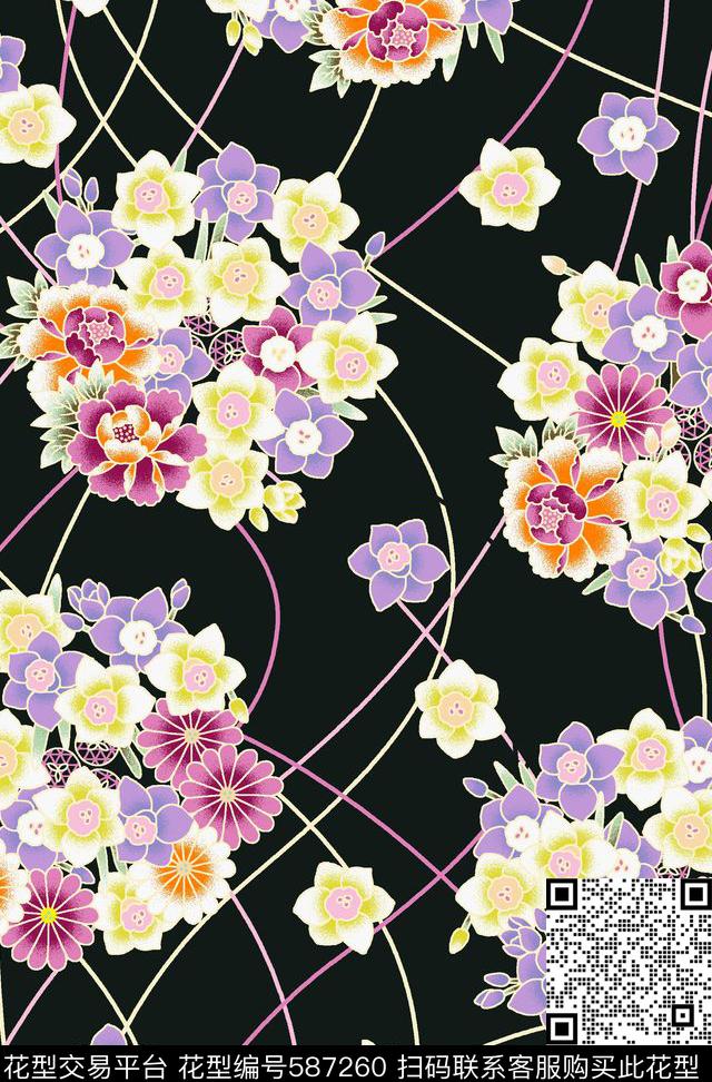 万花锦簇 - 587260 - 团花 日式 繁花似锦 - 传统印花花型 － 女装花型设计 － 瓦栏