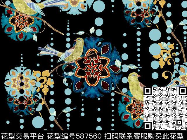 小鸟圆点 - 587560 - 几何 小鸟 波普 - 数码印花花型 － 沙发布花型设计 － 瓦栏