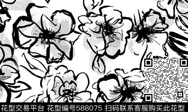 12-18 - 588075 - 手绘抽象水墨花卉 服装面料花型 黑白花型 - 传统印花花型 － 女装花型设计 － 瓦栏