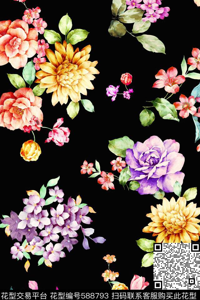 手绘复古花卉 - 588793 - 手绘 花卉 复古 - 传统印花花型 － 沙发布花型设计 － 瓦栏