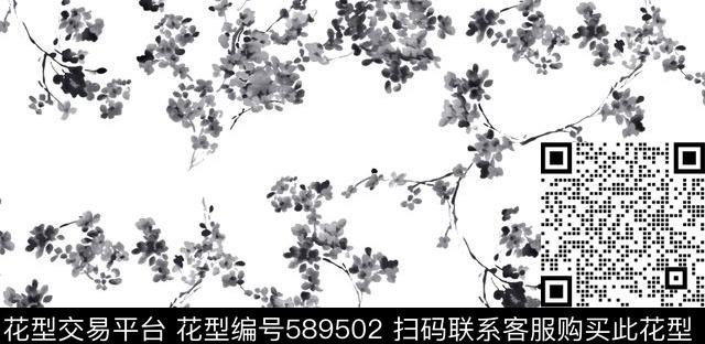 墨花 - 589502 - 水墨 黑白 花 - 传统印花花型 － 女装花型设计 － 瓦栏